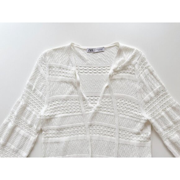 ZARA White Sheer Pointelle Knit Split V-Neck Tunic Top Cover-Up, Size M - Picture 7 of 14